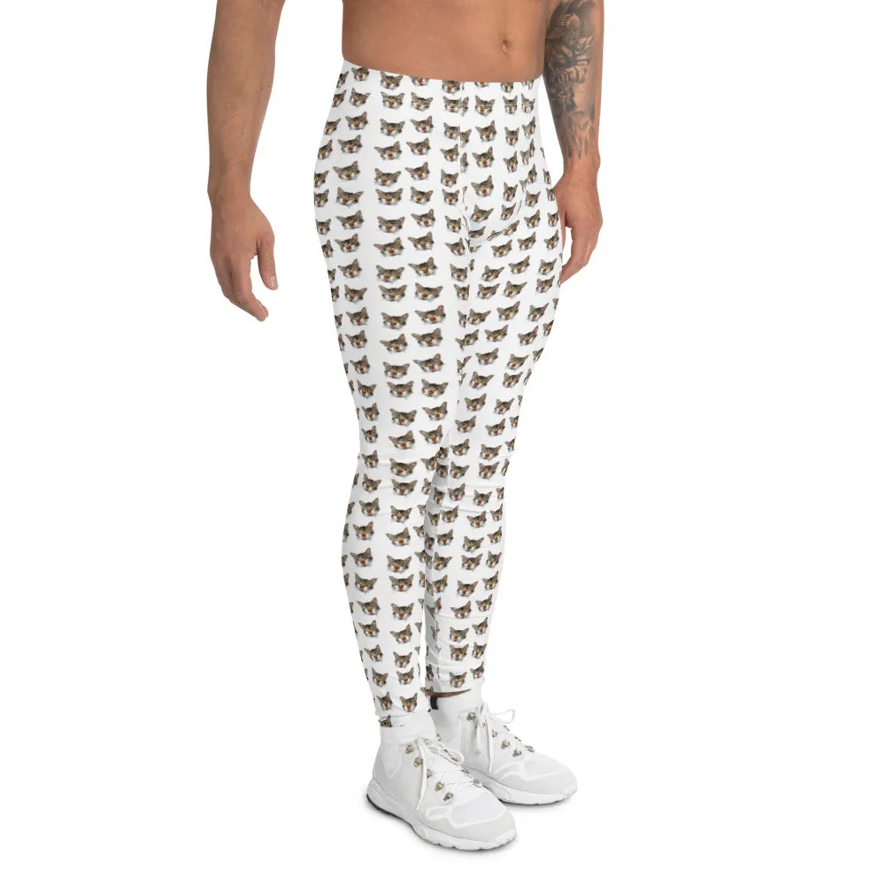 White Tabby Cat Men's Leggings, Peanut Meow Cat Designer Men Tights- Made in USA/EU/MX