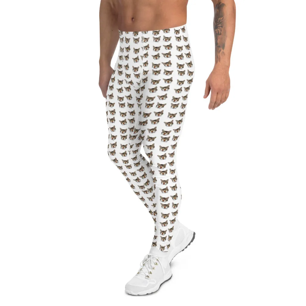 White Tabby Cat Men's Leggings, Peanut Meow Cat Designer Men Tights- Made in USA/EU/MX