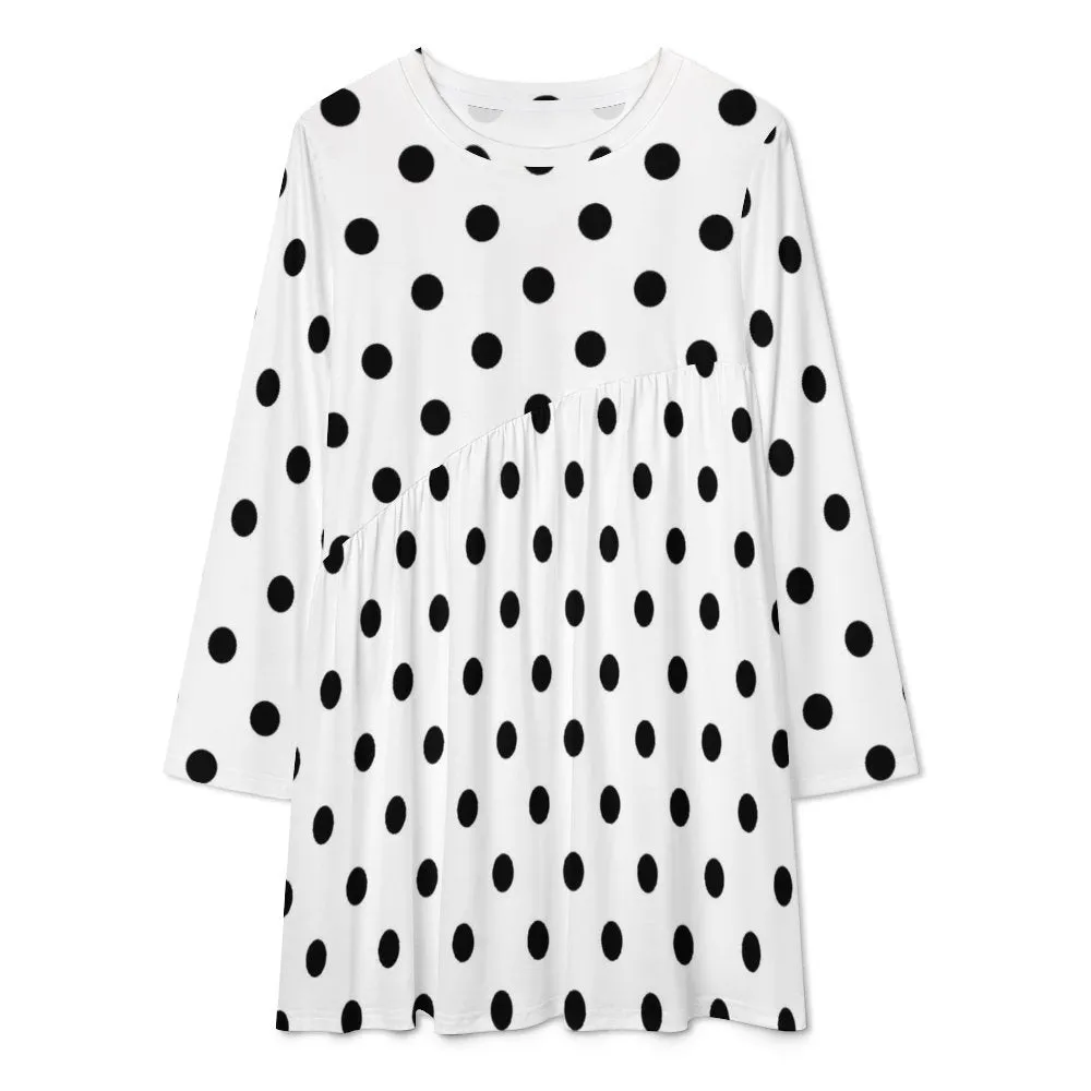 White With Black Polka Dots Long Sleeve Patchwork T-shirt Dress