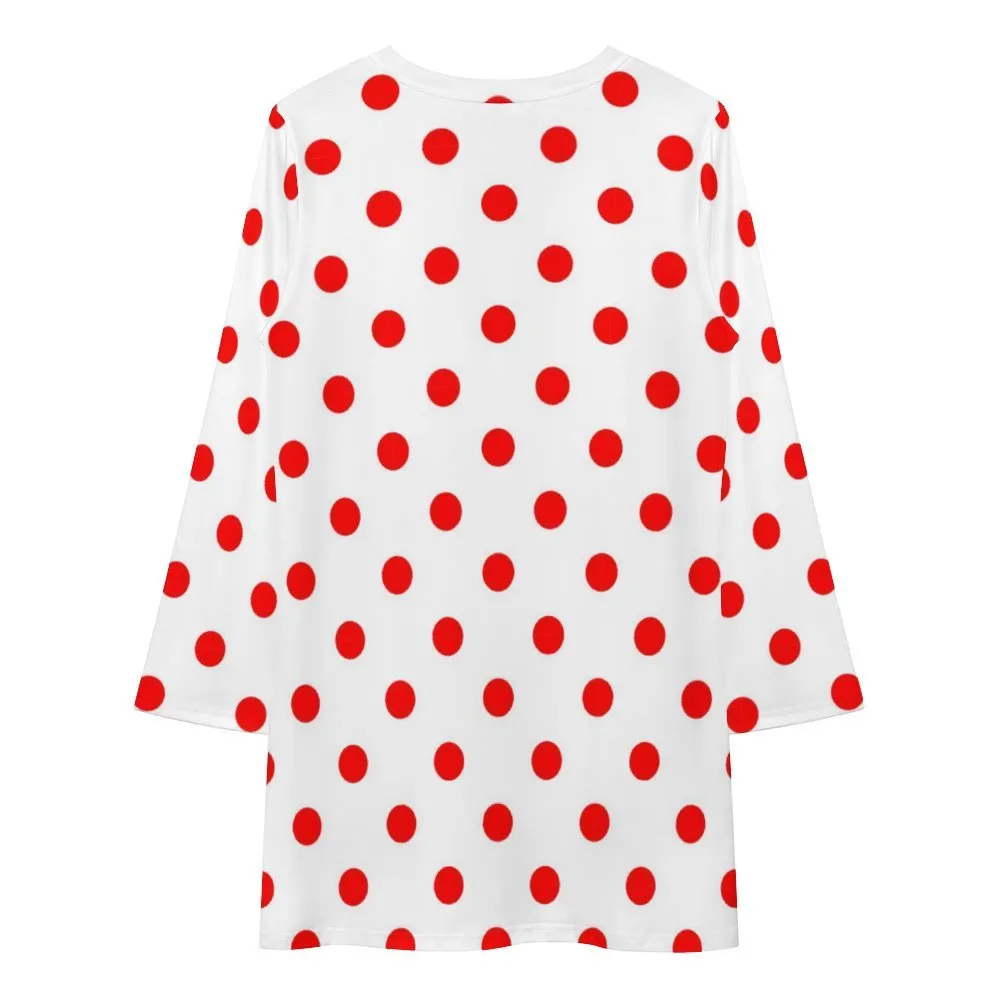 White With Red Polka Dots Long Sleeve Patchwork T-shirt Dress