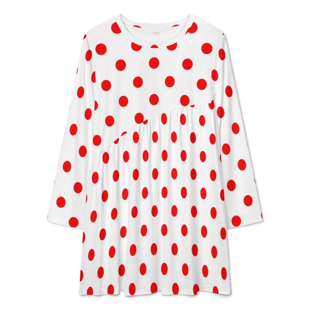 White With Red Polka Dots Long Sleeve Patchwork T-shirt Dress