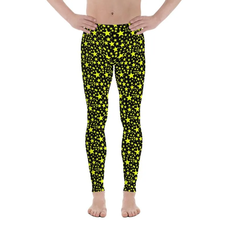 Yellow Bright Stars Meggings, Dark Sky Starry Pattern Print Men's Leggings-Made in USA/EU