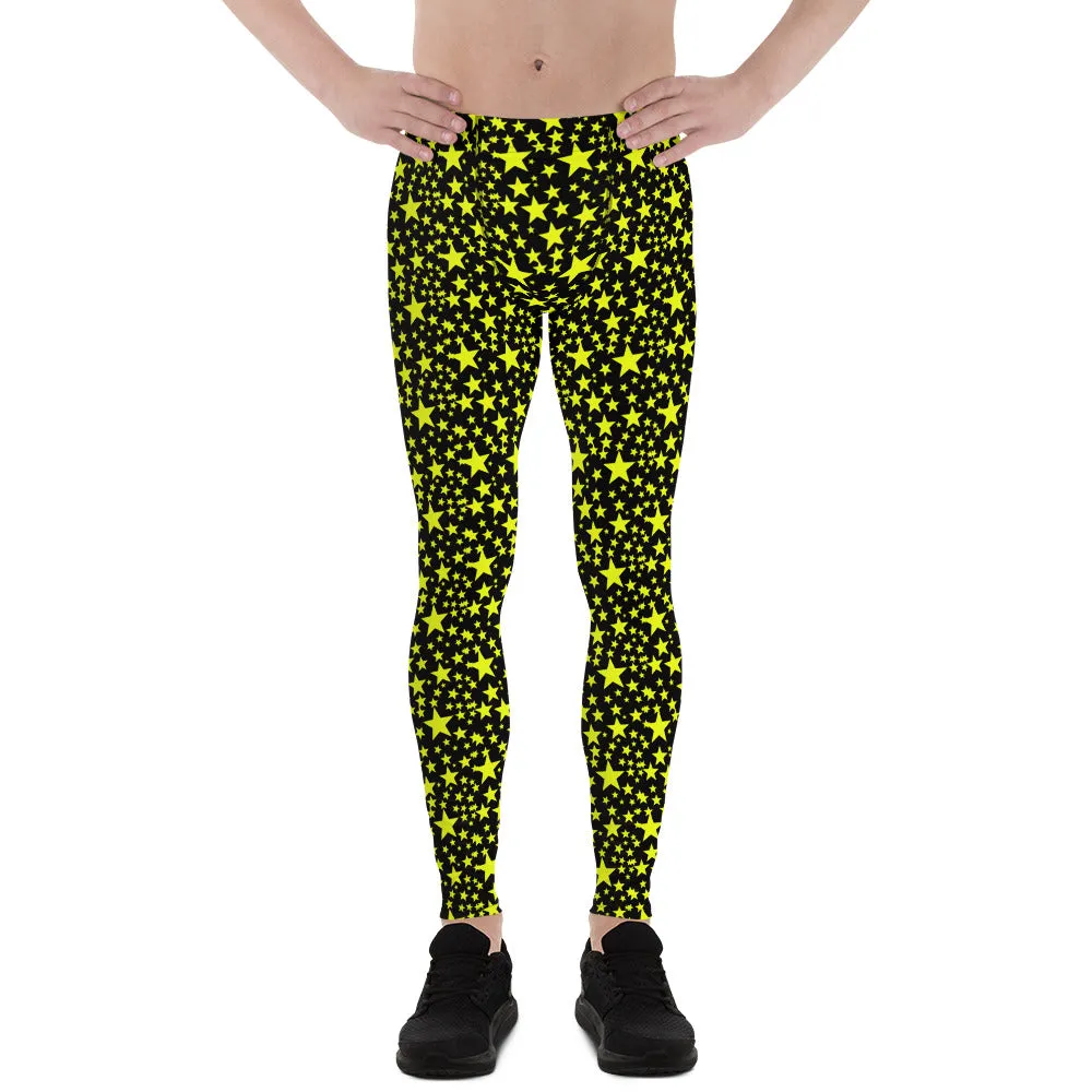 Yellow Bright Stars Meggings, Dark Sky Starry Pattern Print Men's Leggings-Made in USA/EU