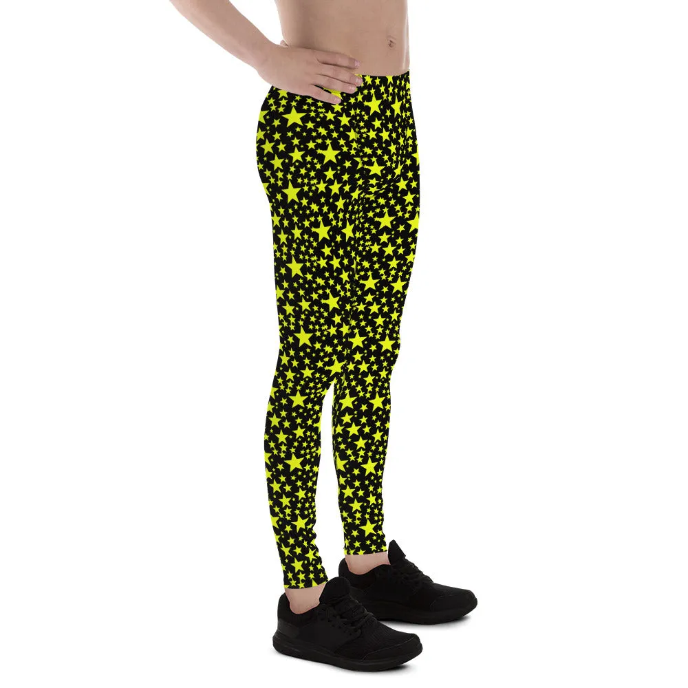 Yellow Bright Stars Meggings, Dark Sky Starry Pattern Print Men's Leggings-Made in USA/EU