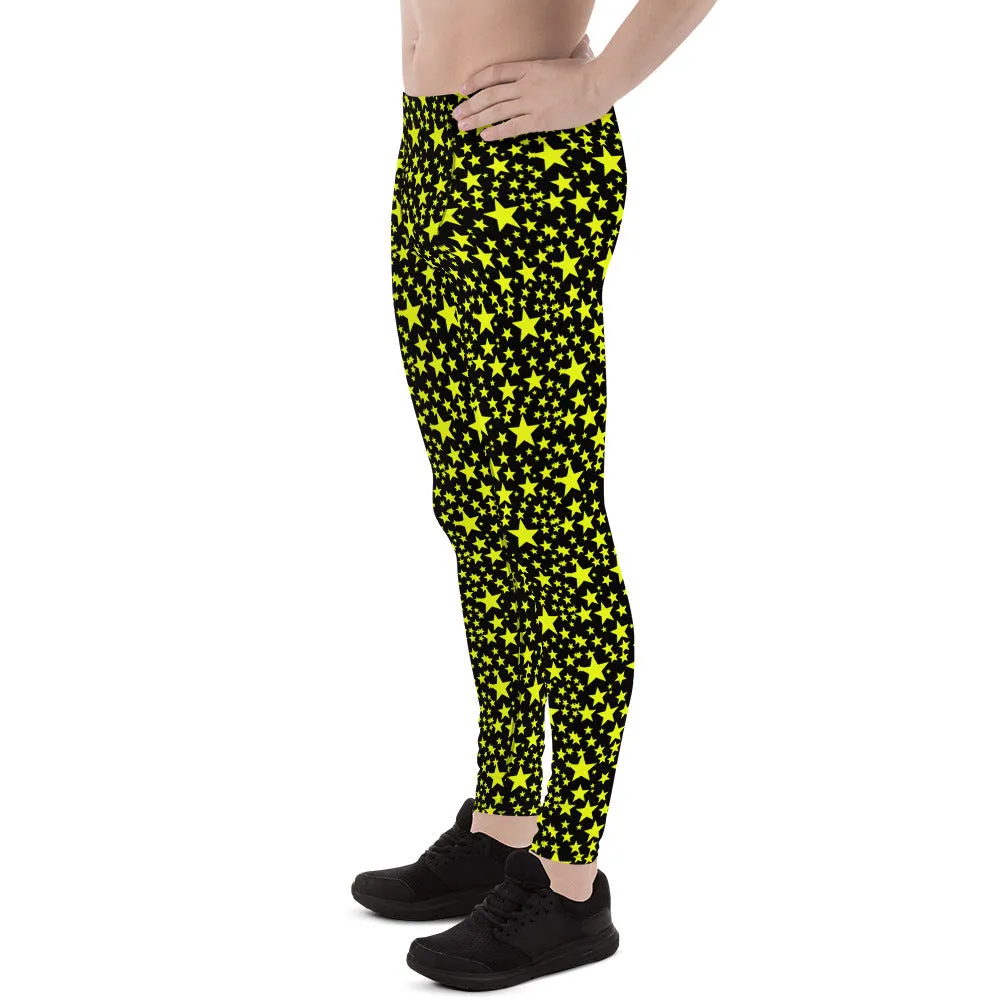 Yellow Bright Stars Meggings, Dark Sky Starry Pattern Print Men's Leggings-Made in USA/EU