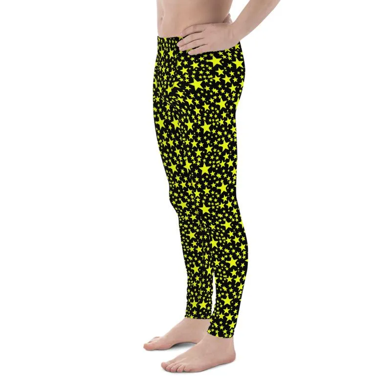 Yellow Bright Stars Meggings, Dark Sky Starry Pattern Print Men's Leggings-Made in USA/EU