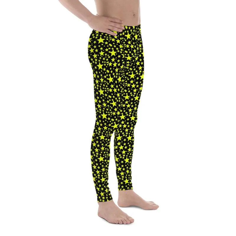 Yellow Bright Stars Meggings, Dark Sky Starry Pattern Print Men's Leggings-Made in USA/EU