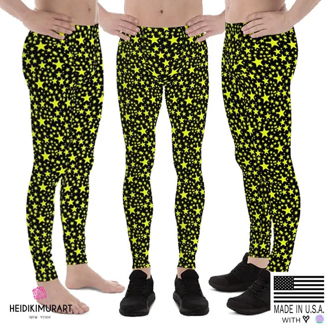 Yellow Bright Stars Meggings, Dark Sky Starry Pattern Print Men's Leggings-Made in USA/EU