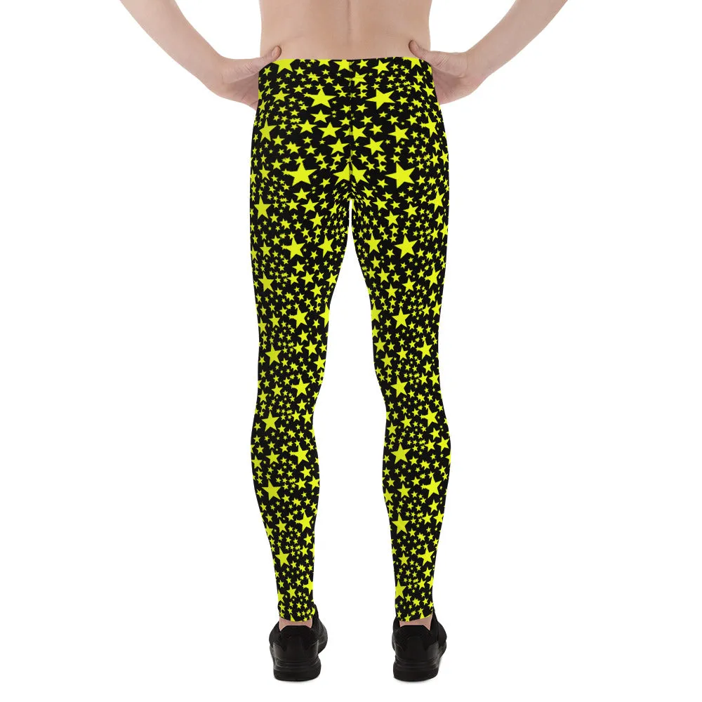 Yellow Bright Stars Meggings, Dark Sky Starry Pattern Print Men's Leggings-Made in USA/EU