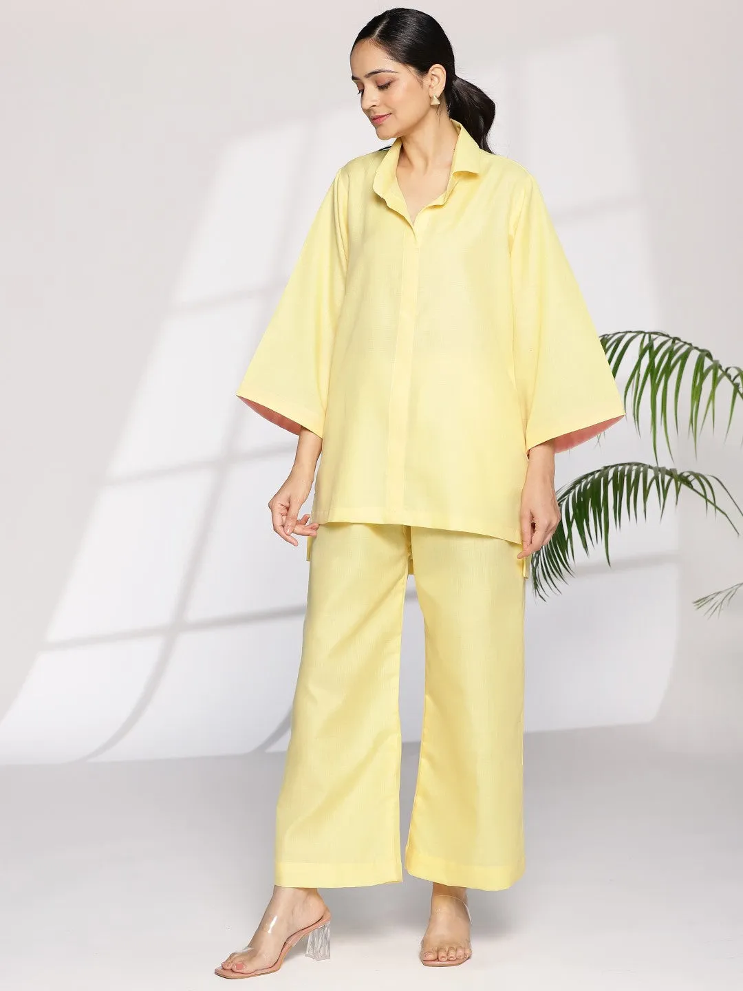 Yellow CottonSlub ShirtTop & Palazzo